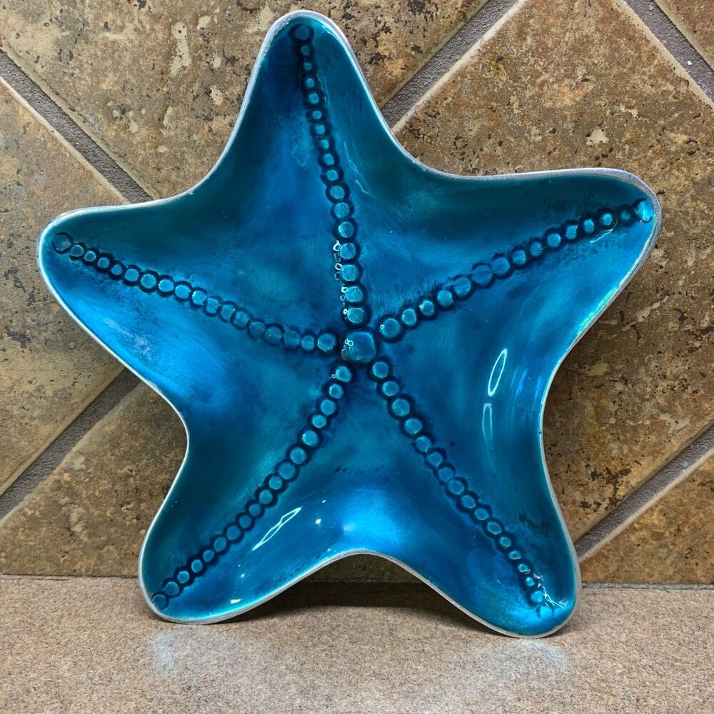 Starfish Trinket Candy Dish Turquoise Blue Enamel and Metal Coastal Beach Decor